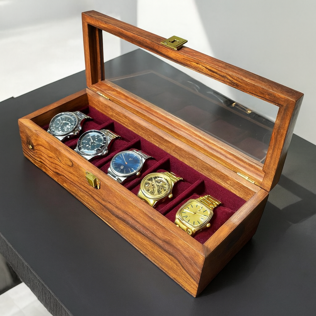 Premium Rosewood 5-Slot Watch Box — Glass or Solid Wood Lid